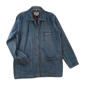 Denim Work Jacket Women’s M Plaid Trim Cotton Button Front Pockets